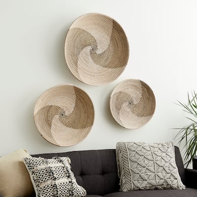 Brown Seagrass Handmade Spiral Basket Plate Home Wall Decor (Set of 3)