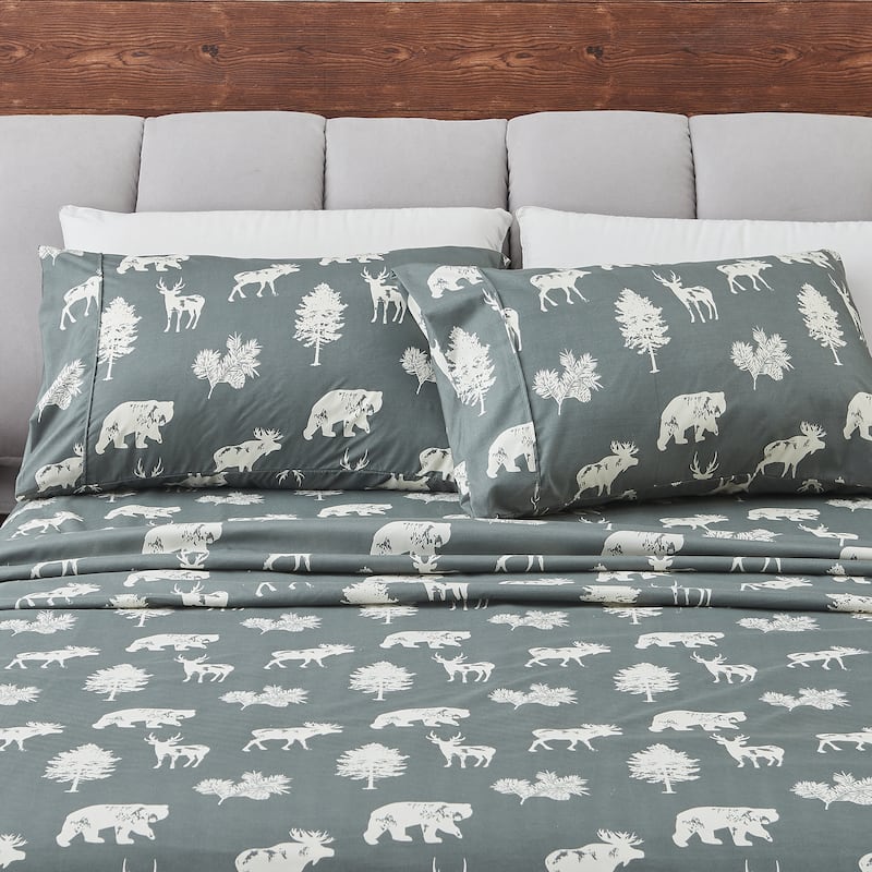 Linery & Co. Ultra-Soft Lodge-Inspired Brushed Microfiber Sheet Set - Twin - Forest Animal - Dark Grey