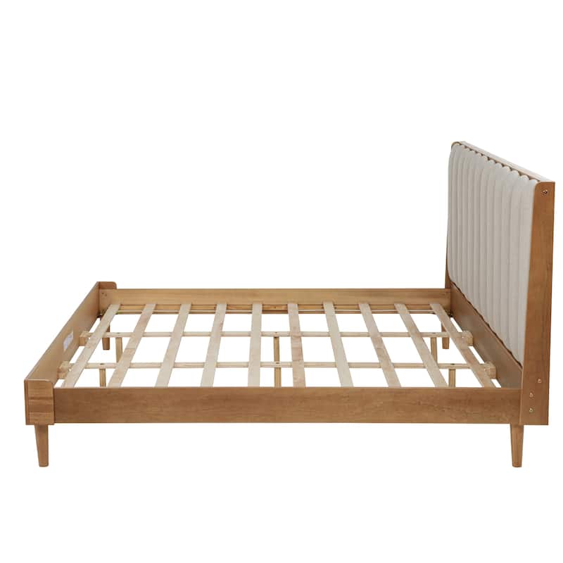 King Size Wood Bed with Piano Key Style Upholstered Headboard, Wood Bed with Strengthened Bed Frame