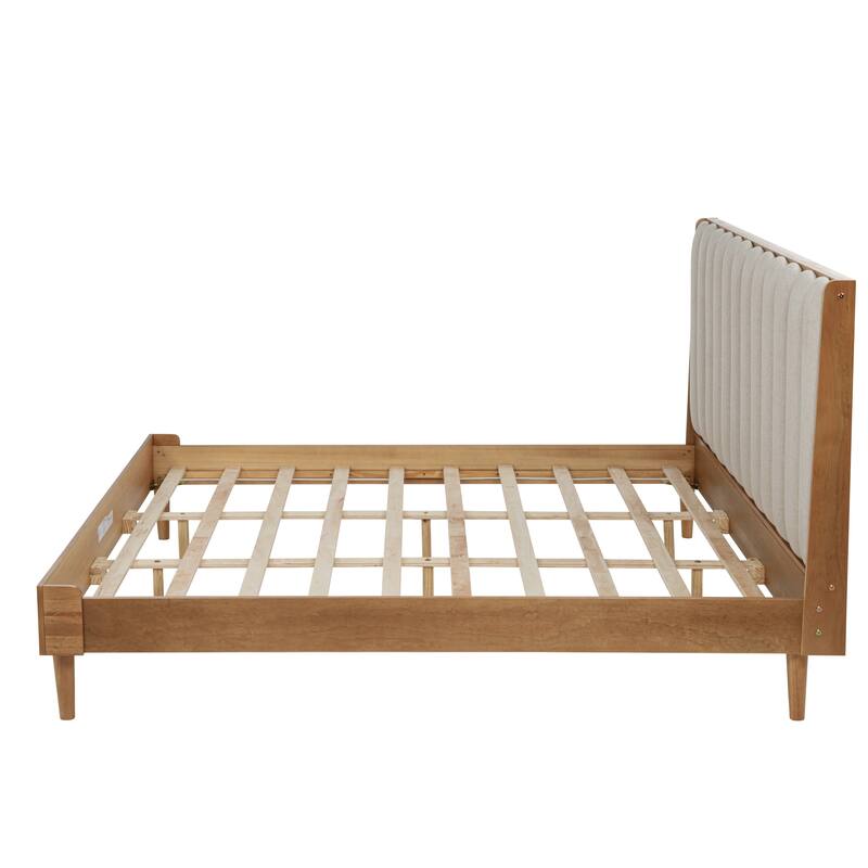 Wheat Wooden Bed Frame with Piano Key Style Upholstered Headboard, Strengthened Bed Frame Slat Support