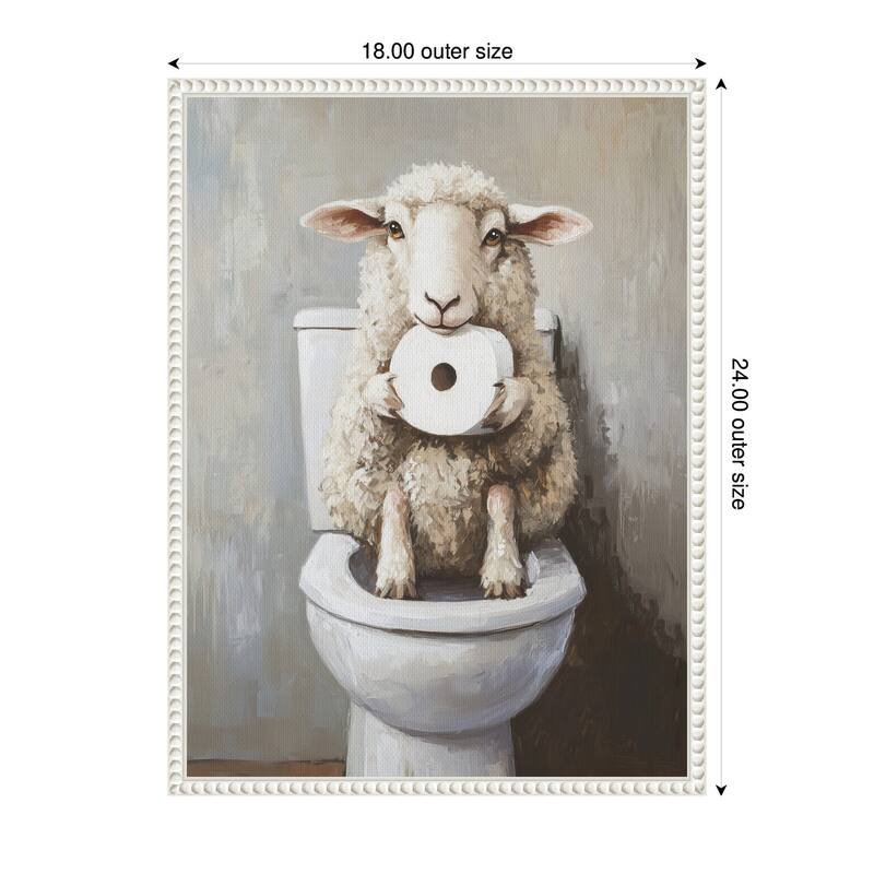 Kate and Laurel Sylvie Cute Sheep Holding Toilet Paper Roll Toilet Bathroom Art Framed Canvas by The Creative Bunch Studio