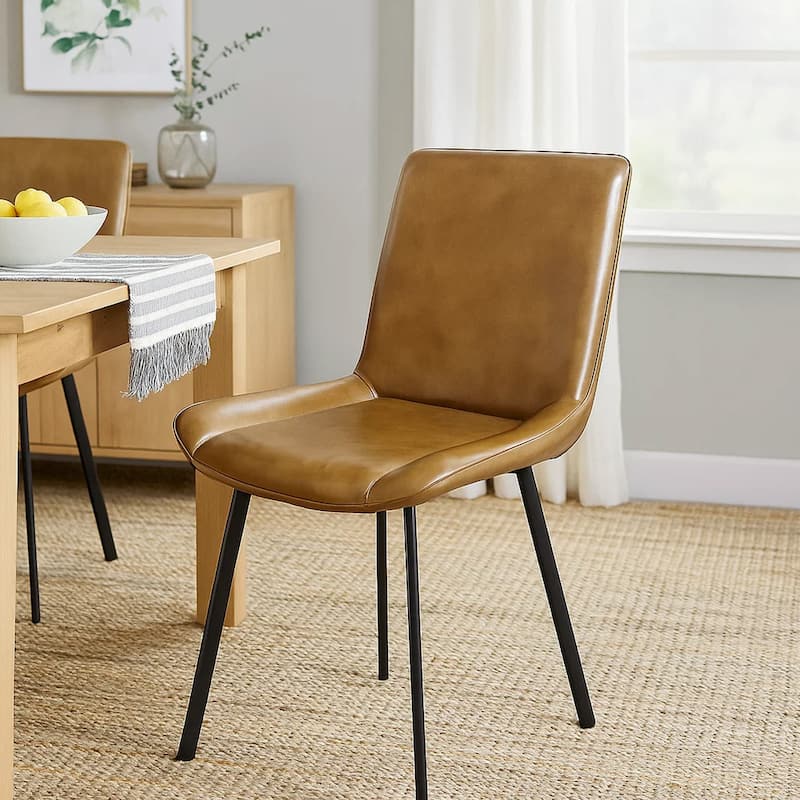 Isha Dining Chair Set of 2, Light Brown Faux Leather, Black Iron Legs