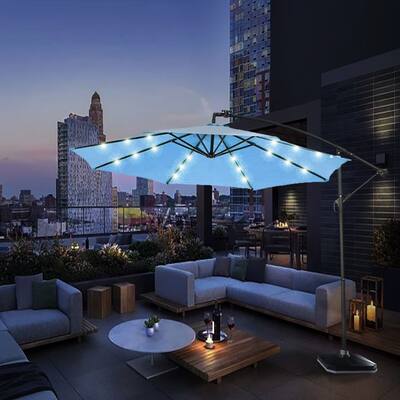 10 FT Solar LED Patio Outdoor Umbrella Hanging Cantilever Umbrella Offset Umbrella Easy Open Adustment with 24 LED Lights