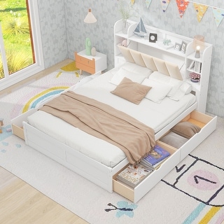 Queen Size Platform Kids Bed Frame with Storage Headboard, Shelves & 4-Drawers, White
