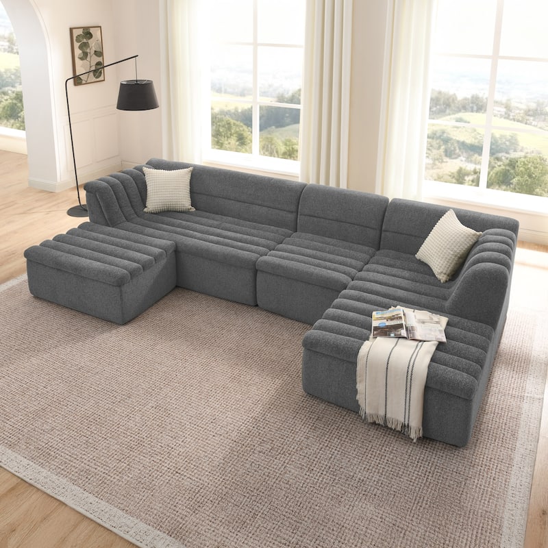 Modular Deep Seat Couches Chenille U-shaped Sleeper Sectional Sofa with Chaise, Ottoman and Wave-Shaped Armrest - Grey
