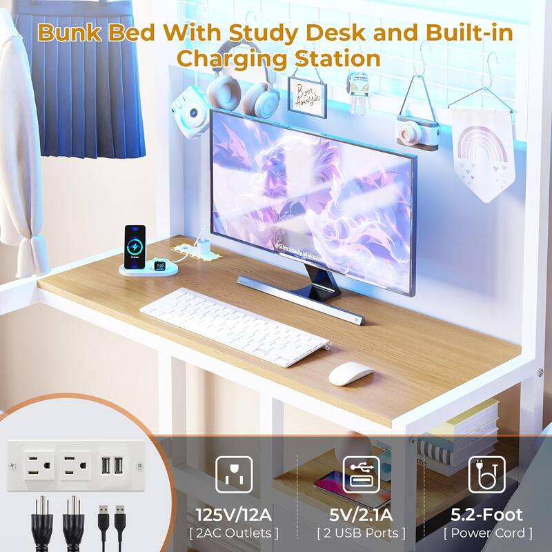 Bunk Bed Twin Over Twin Size with Desk Charging Station L-Shaped Metal