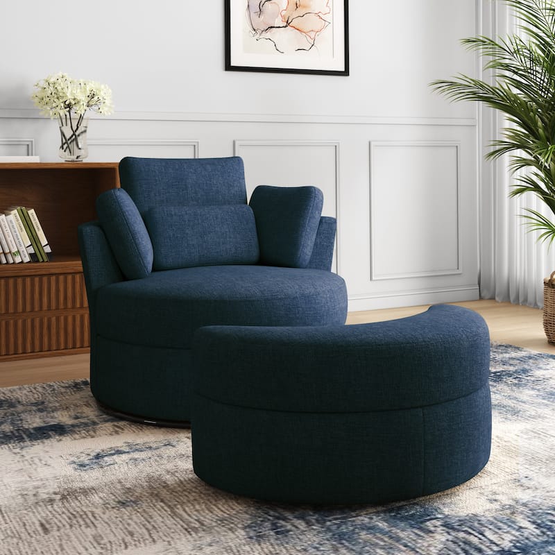 41" W Oversized Accent Barrel Swivel Chair with Moon Storage Ottoman - Set of Chair with Ottoman - Navy Chenille/Corduroy Pillows