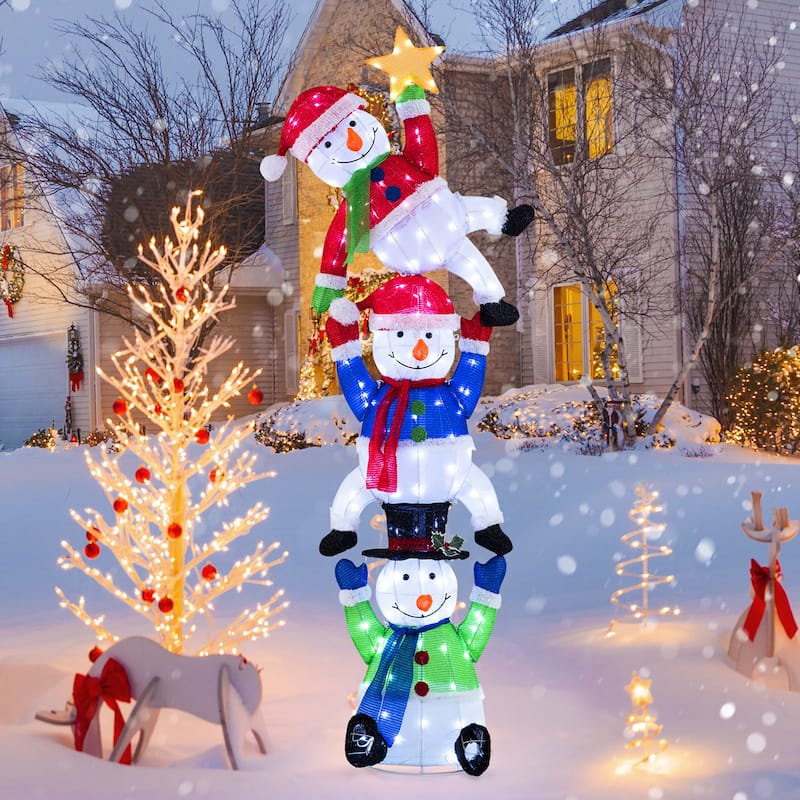 Gymax 6 ft 3D Pre-Lit Christmas Stacked Snowman w/ 155 LED Lights Zip - Multi - See Details