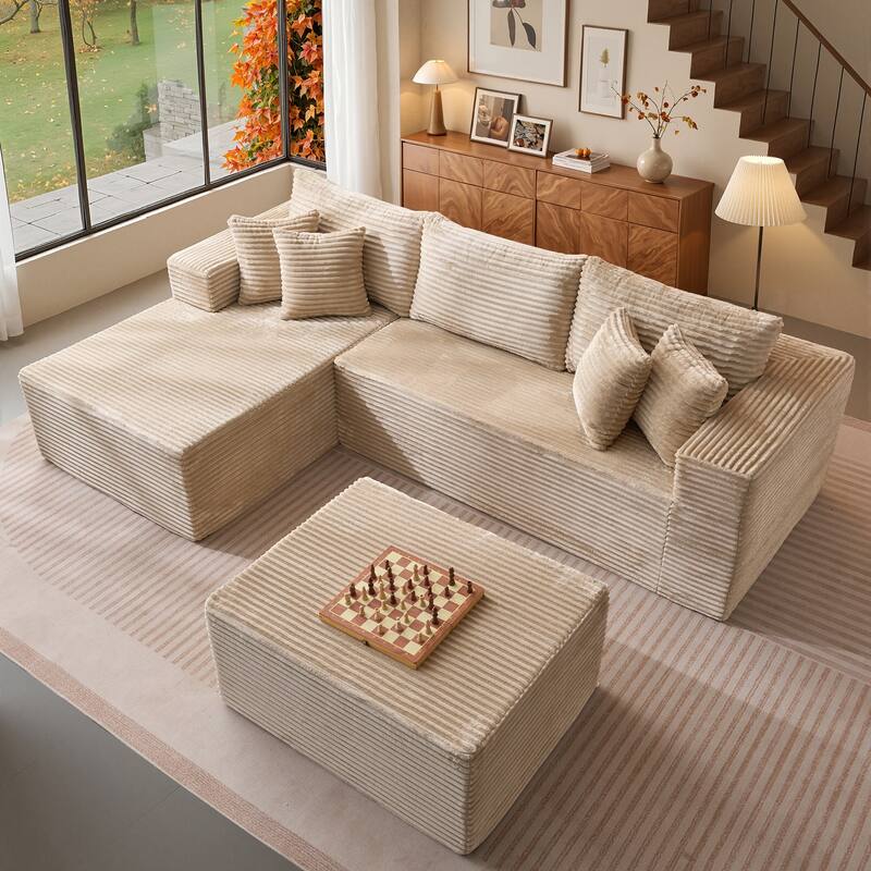 OVIOS All-Foam Cloud L-Shaped Lounger Sofa​ ​​With Ottoman​ - LeftChaise-Beige