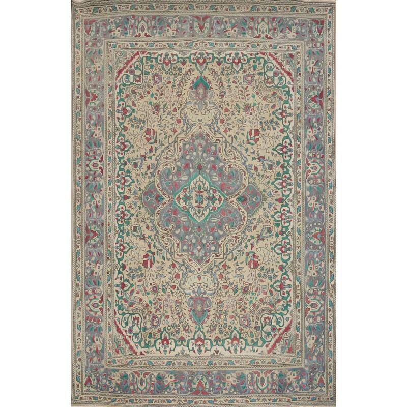 Hand Knotted Oriental 100% Wool Carpet Traditional Floral Beige & Ivories Tabriz Area Rug - 10' 9'' X 8' 0''