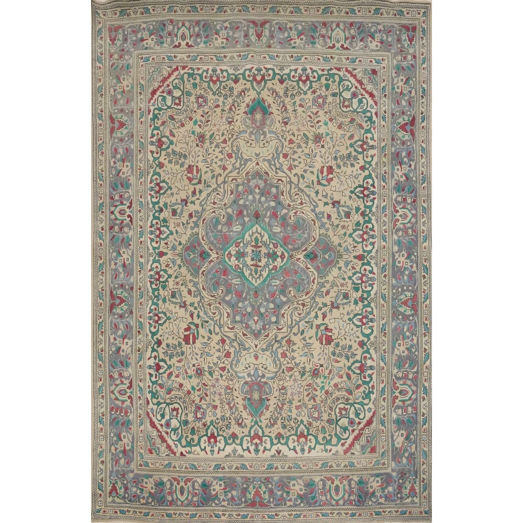 Hand Knotted Oriental 100% Wool Carpet Traditional Floral Beige & Ivories Tabriz Area Rug - 10' 9'' X 8' 0''