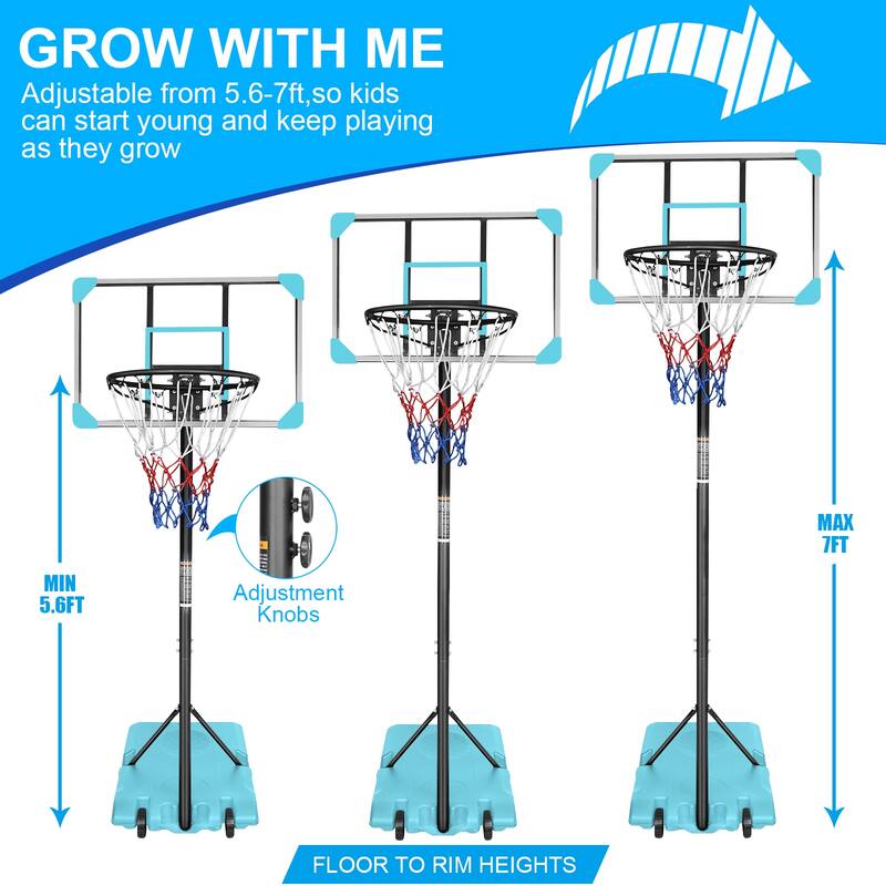Roomfitters Portable Basketball Goal System with Stable Base and Wheels, Adjustable Height 5.6-7ft for Indoor Outdoor