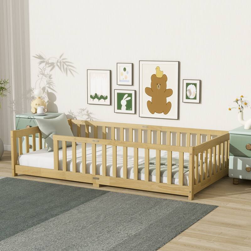 Rubber Wood Twin Size Floor Bed with Fence without Door