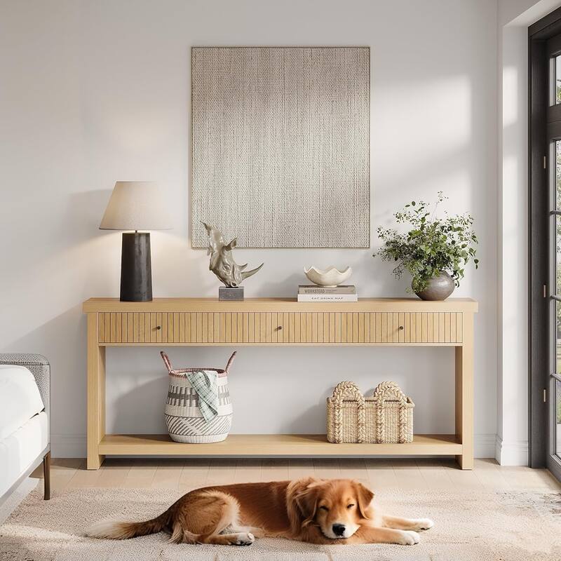 Extra Long Wood Console Table, Oak Sofa Entryway Table with 3 Drawers & Storage Shelves for Living Room, Hallway, Foyer