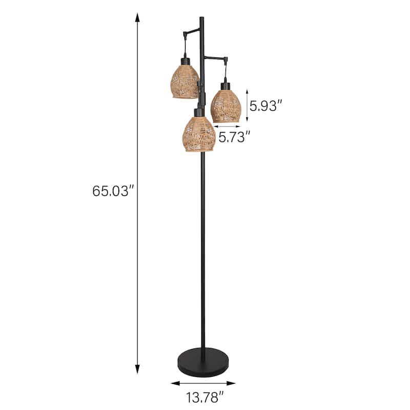 3-Lights Boho Floor Lamp with Rattan Shades
