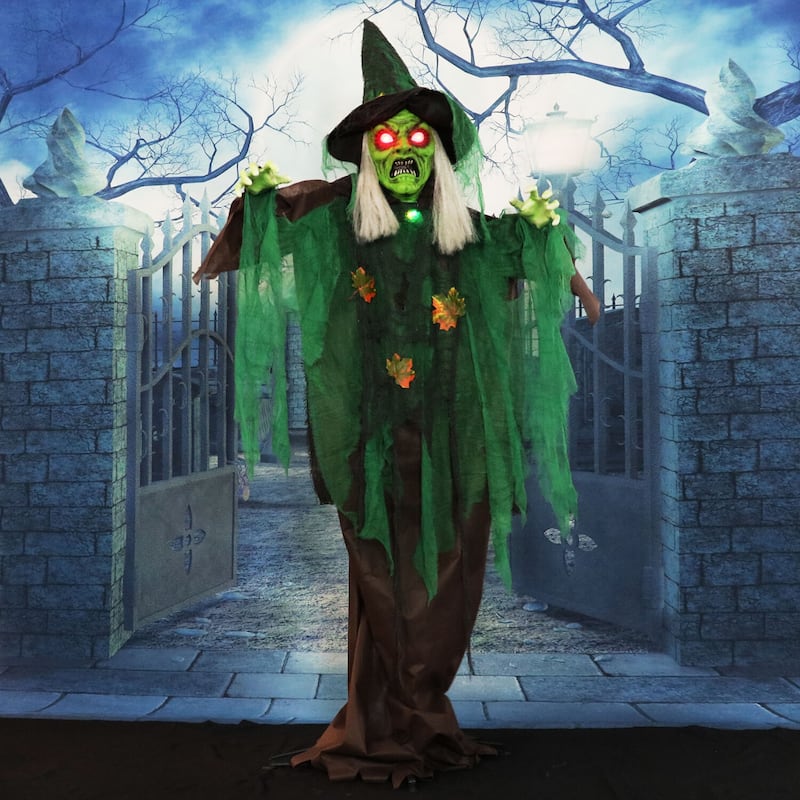 Haunted Hill Farm Animatronic Talking Forest Witch with Movement and Lights for Scary Halloween Decoration