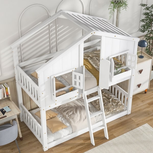 slide 2 of 9, House Bunk Bed,Twin over Twin White