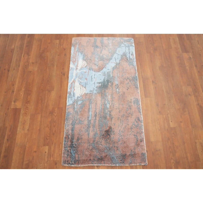 Hand Knotted Oriental Viscose Silk Carpet Modern Animal Pictorial Multi-Colored Abstract Area Rug - 4' 0'' X 2' 0''