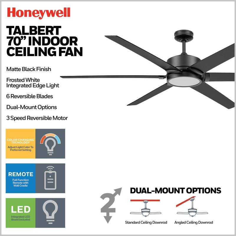 70" Honeywell Talbert Matte Black Ceiling Fan with Integrated Light and Remote - Matte Black