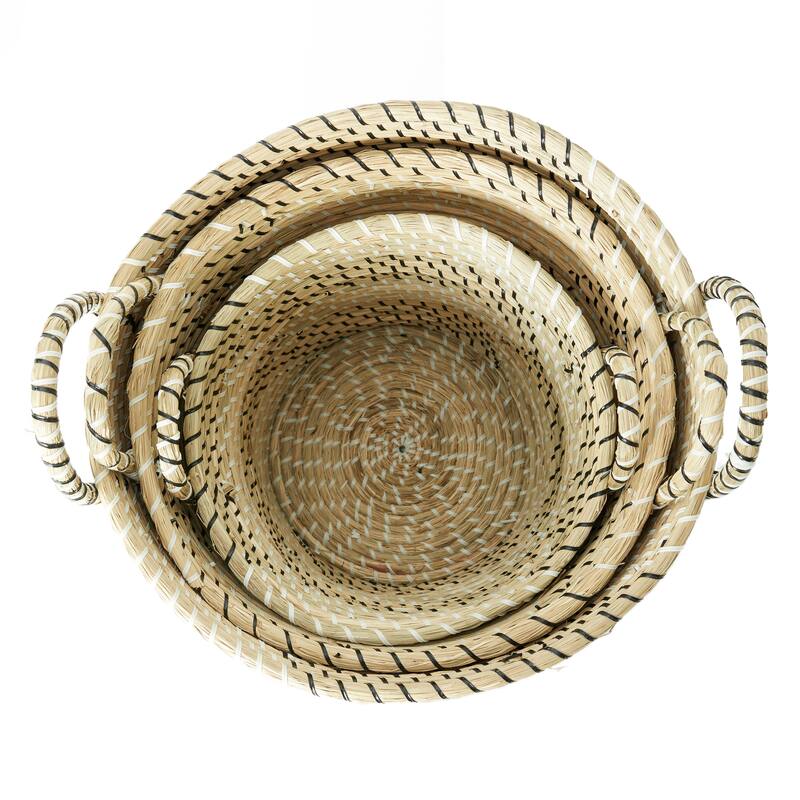 Beige Seagrass Handmade Two Toned Decorative and Functional Storage Basket with Handles (Set of 3)