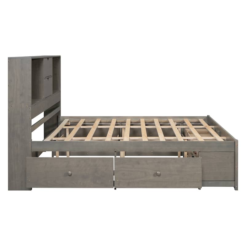 Queen Size Storage Bed Platform Bed with Open Storage Headboard, 4 Under-bed Drawers, 4 Bed End Drawers, Grey Wooden Bed
