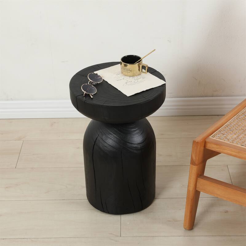Solid Mango Wood Side End Table in Black, 17.7 inch Round Contemporary Wooden Accent Table, Small Round Plant Stand