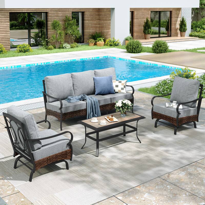 MAISON ARTS 4-Piece Rattan Wicker Patio Furniture Set with Swivel Chairs and Coffee Table for Outdoor Spaces - Rocking Chair - Grey