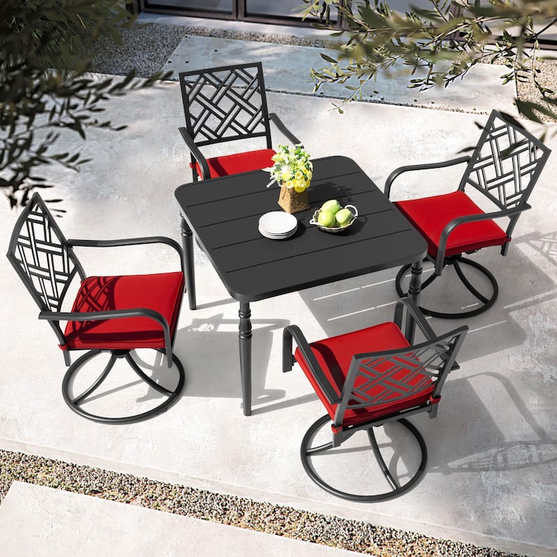 5PCS Metal Patio Dining Set with Umbrella Hole, Swivel Chairs with Cushions - Black