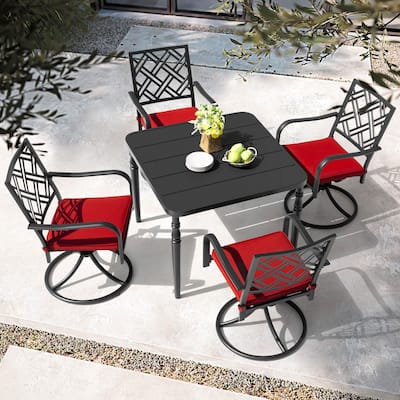 5PCS Metal Patio Dining Set with Umbrella Hole, Swivel Chairs with Cushions
