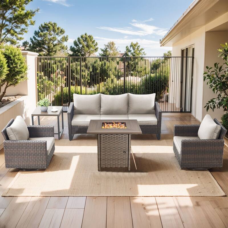 Outdoor Pocassy Sofa Chairs Set with Fire Table - Brown Wicker Beige Cushion - 5 Piece