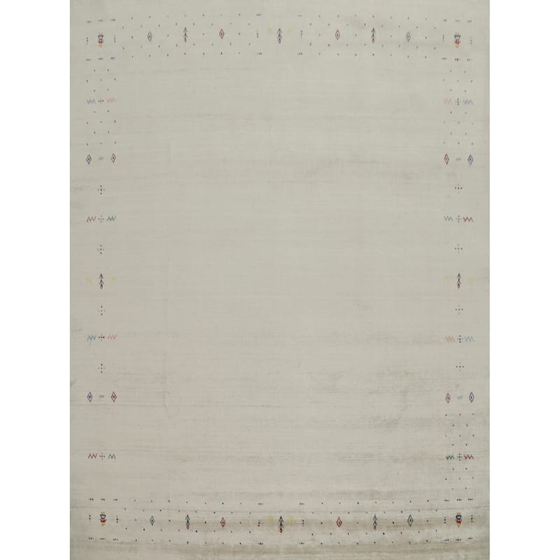 Hand Knotted Oriental Viscose Silk Carpet Tribal Animal Pictorial Beige & Ivories Gabbeh Area Rug - 9' 7'' X 9' 9''