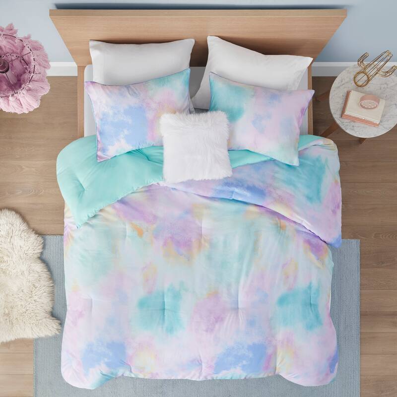 Intelligent Design Karissa Watercolor Tie Dye Printed Comforter Set with Throw Pillow