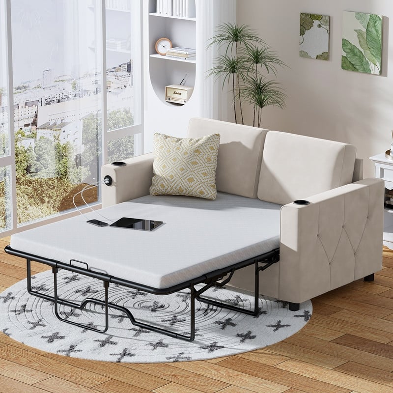 Mixoy Pull Out Sofa Bed,Sleeper Sofa Couch with Memory Foam Mattress,Cup Holder,USB,Pull Out Couch Bed - Queen Size - Beige