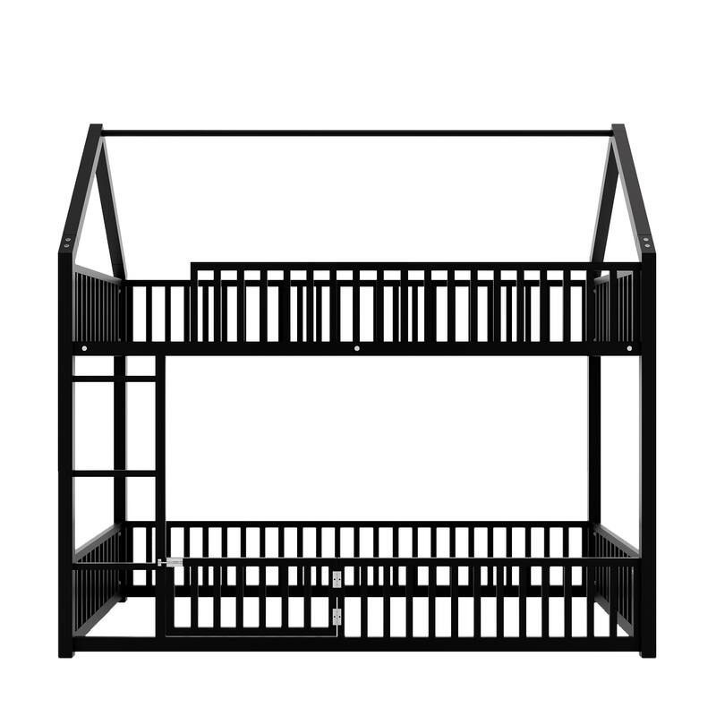 Twin Over Twin House Bunk Bed with Fence and Door, Black