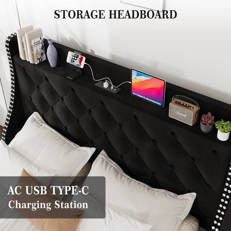 Bed Frame with 4 Storage Drawers and Headboard