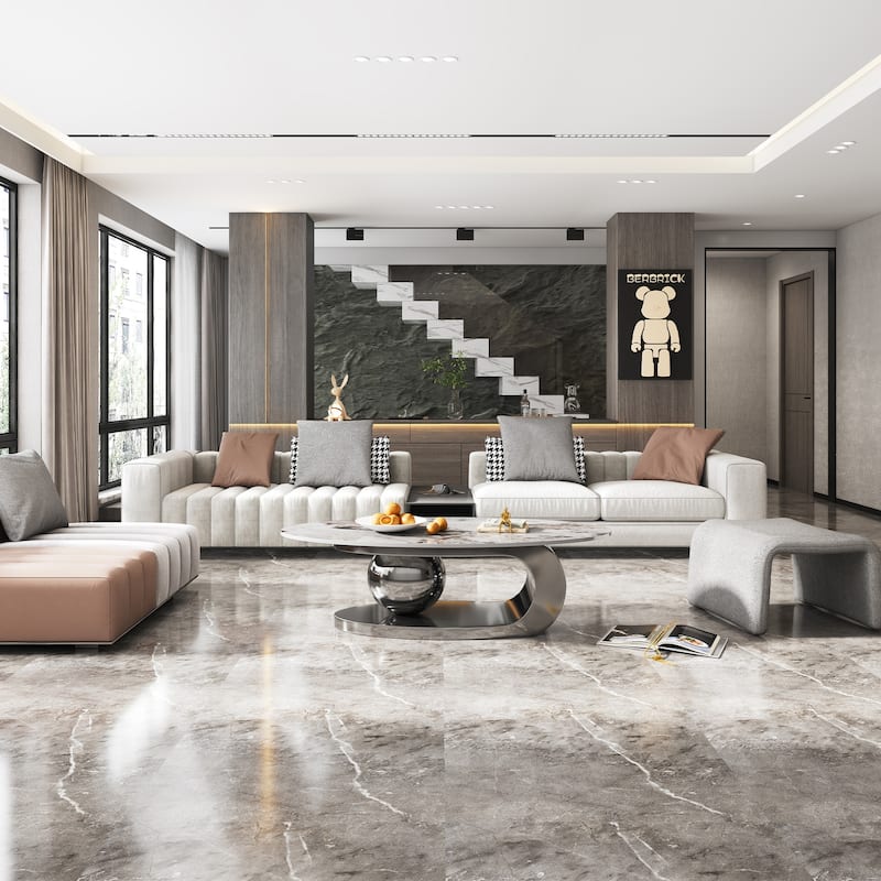 Modern Oval Coffee Table End Table with Sintered Stone Top, Accent Table with Veining and Central Ball Support