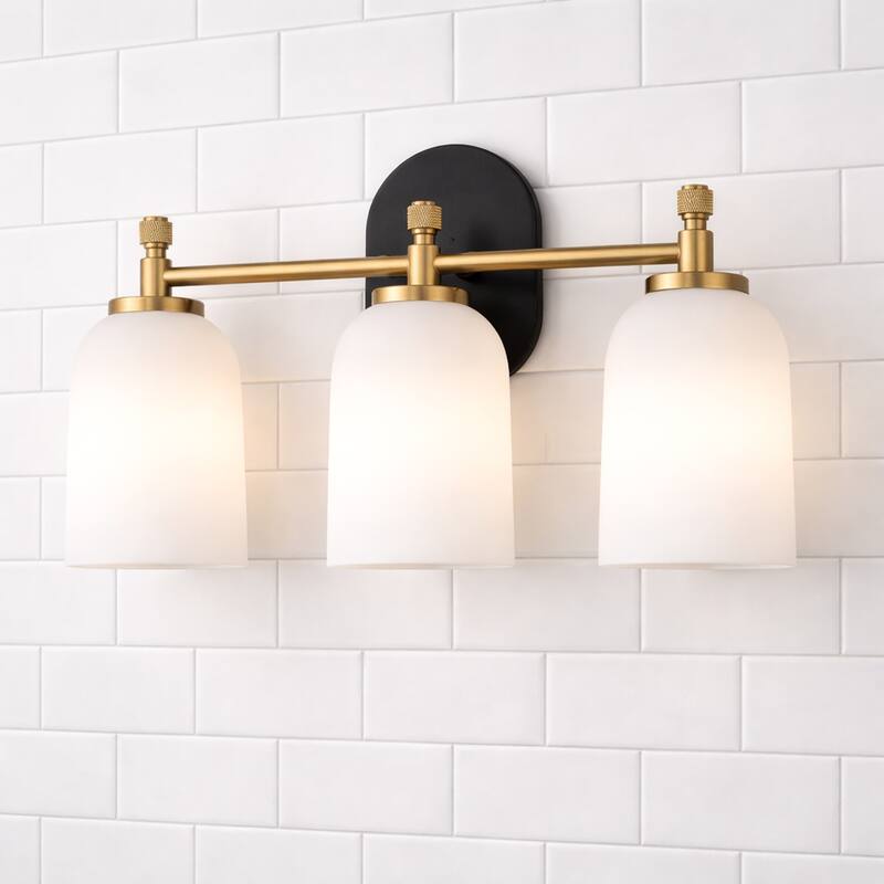 Flac Three-Light Vanity Wall Fixture in Brushed Gold with Frosted Glass Shades