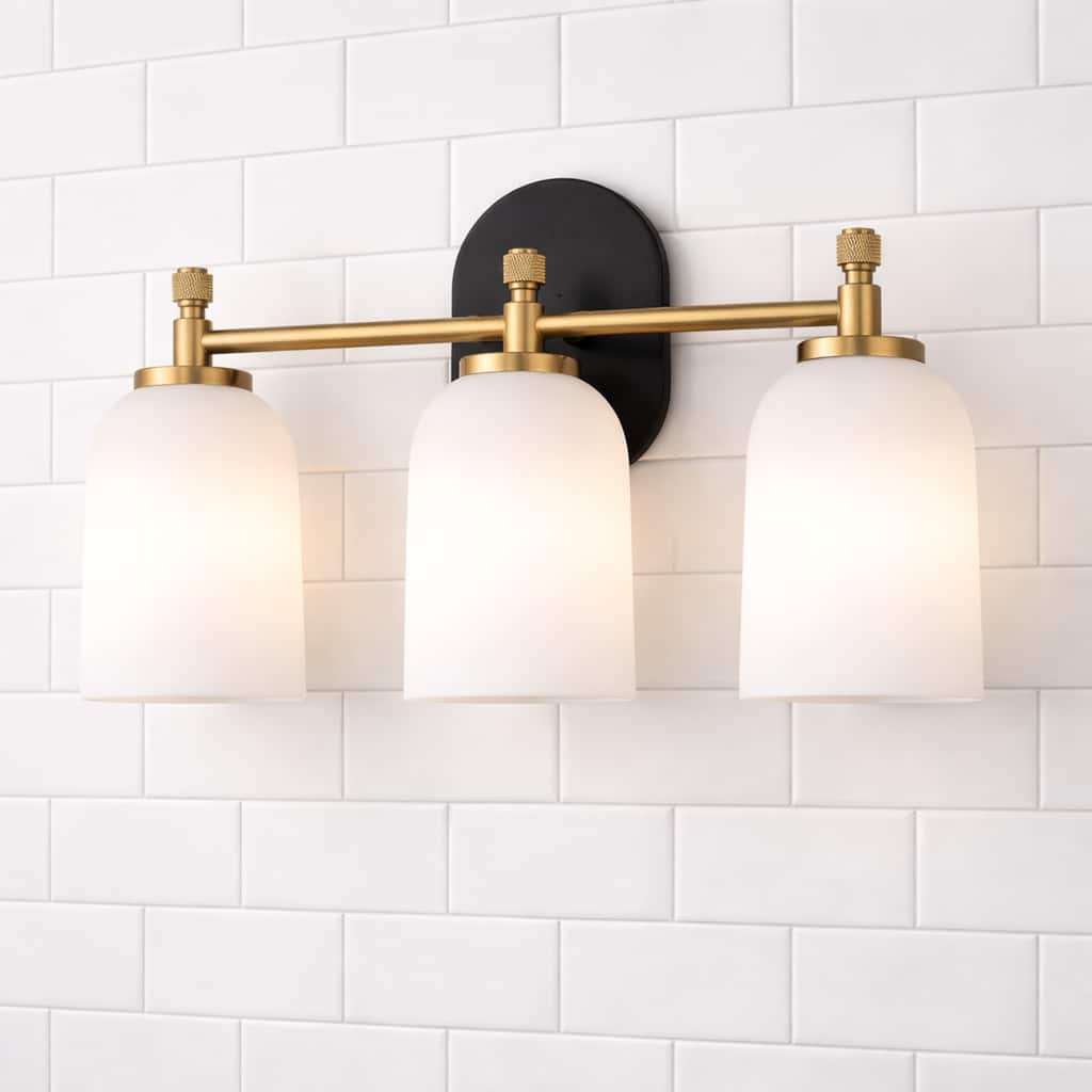 Flac Three-Light Vanity Wall Fixture in Brushed Gold with Frosted Glass Shades