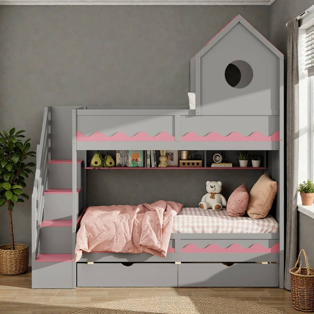 Twin Over Twin Bunk Bed with House Design, Staircase Storage Drawers and LED Lights, Kids Castle Bunk Bed