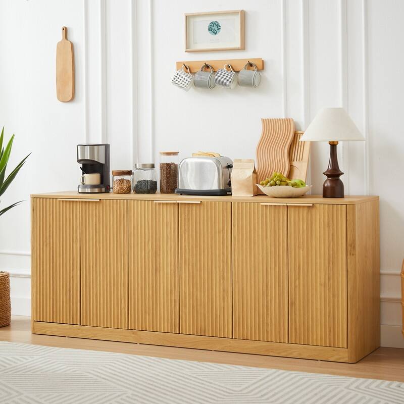 Modern 67" Fluted Buffet Sideboard Cabinet with Shelves, TV Stand Storage Cabinet with 4 Wave Doors for Organized Living Spaces - Natural