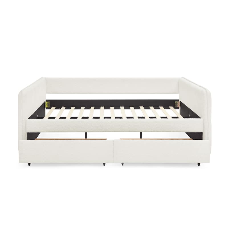 Queen Size Upholstered Tufted Daybed with Trundle and Two Drawers, Beige Boucle Fabric Sofa Bed