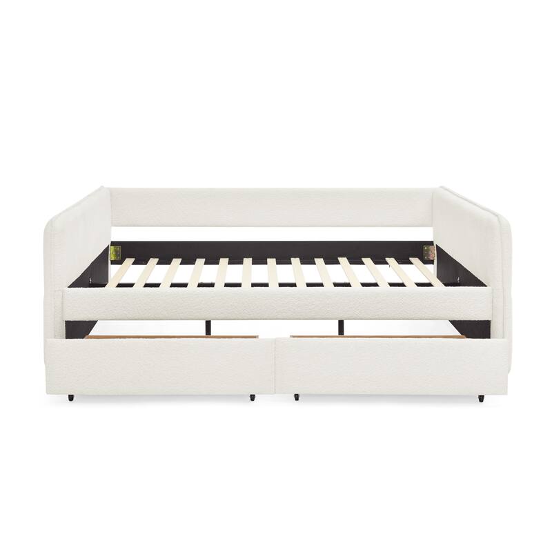 Roomfitters Queen Boucle Daybed with Trundle, Two Storage Drawers and Upholstered Sofa Bed Frame