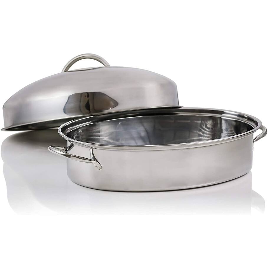 Ovente Oval Roasting Pan 16 Inch Stainless Steel, Silver CWR32161S