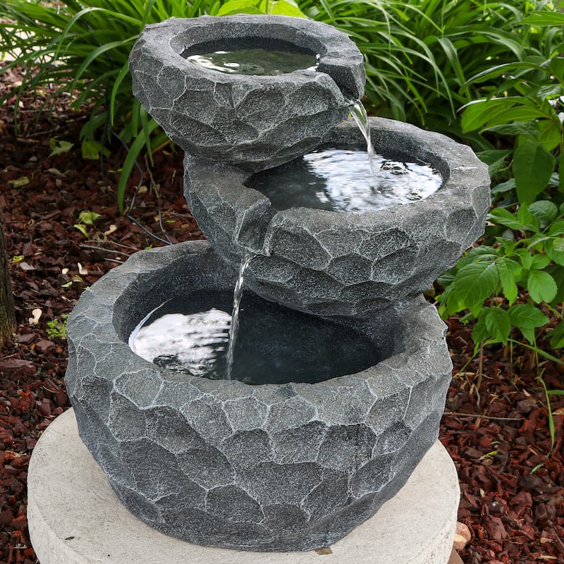 3-Tier Chiseled Basin Solar Outdoor Water Fountain with Battery - 17"