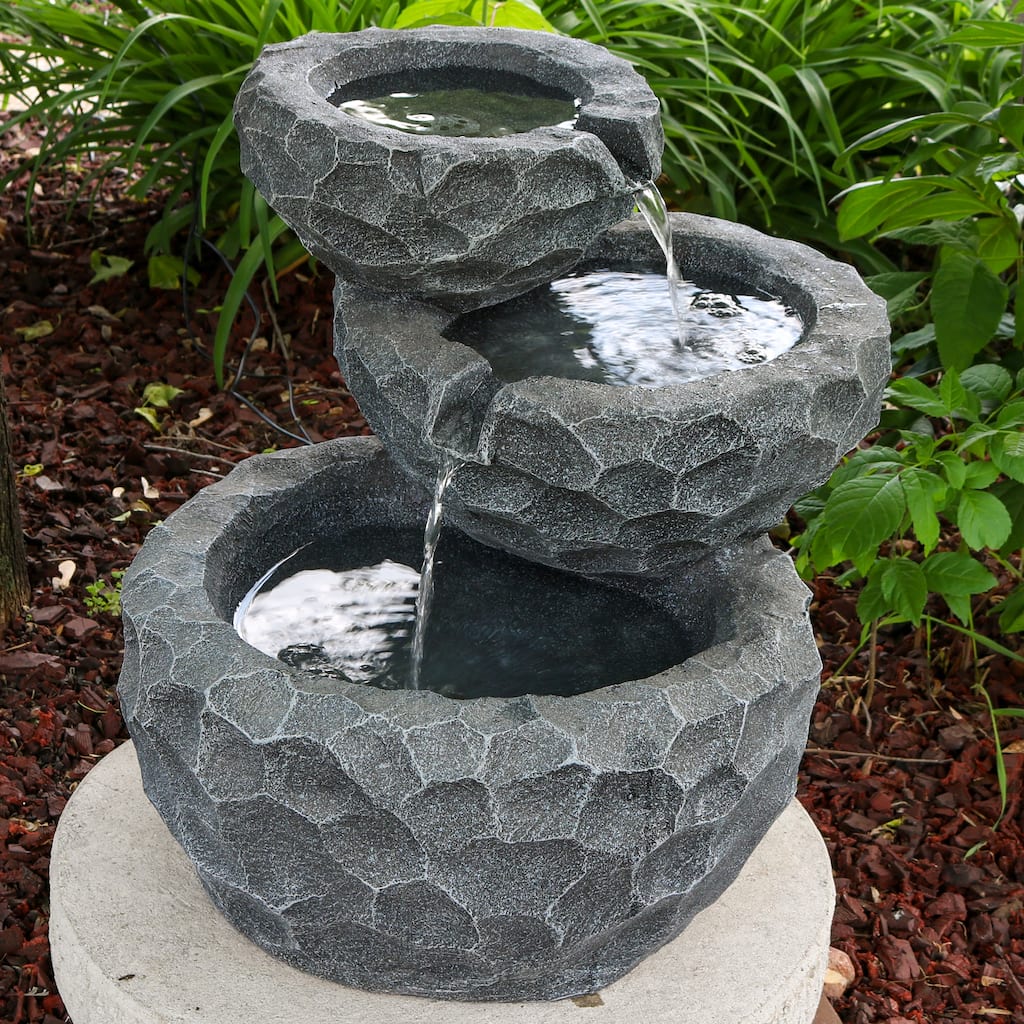 3-Tier Chiseled Basin Solar Outdoor Water Fountain with Battery - 17"