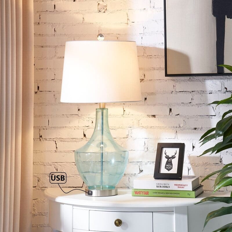 26" Clear Glass Bedside Lamp with USB