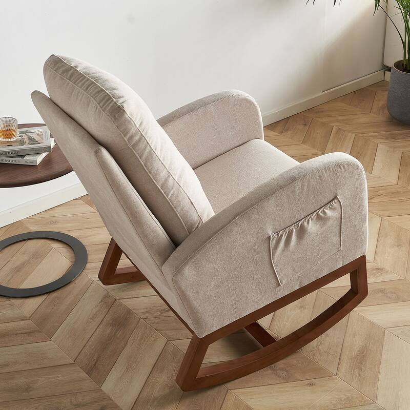 Glider Rocking Chair with Thick Padded Seat, Lounge Armchair with Side Pocket, High Back Sofa Chair with Wood Base
