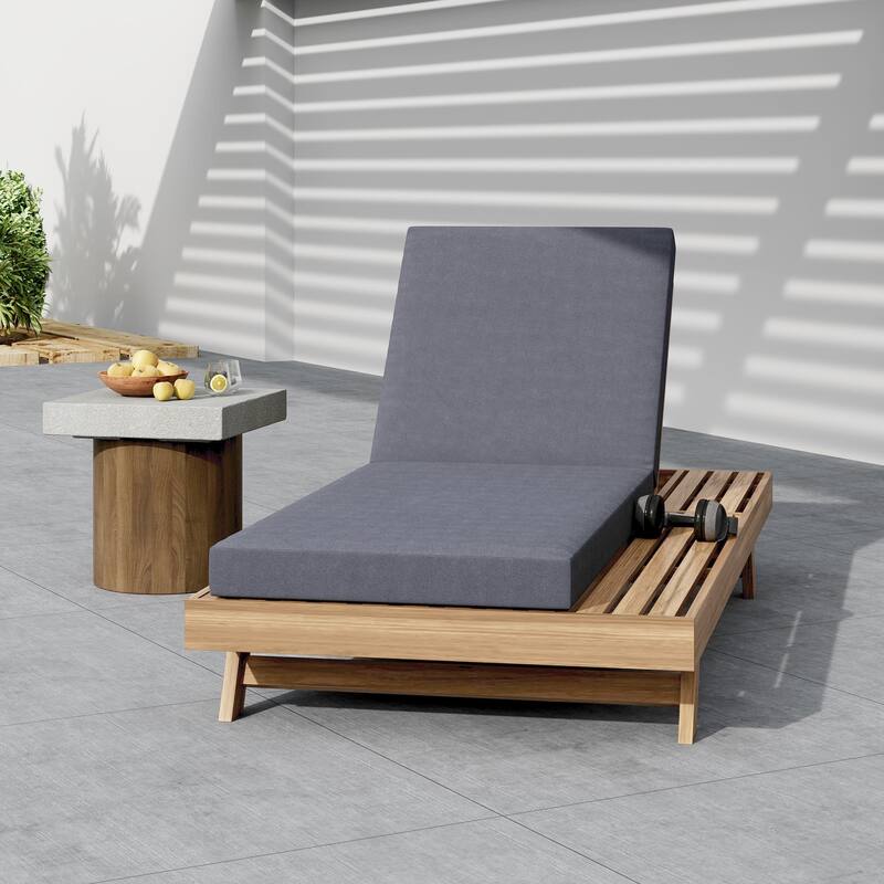 Outdoor Patio Acacia Wood Chaise Lounge Chair with Adjustable Backrest, Side Open Storage and Water-Repellent Cushions