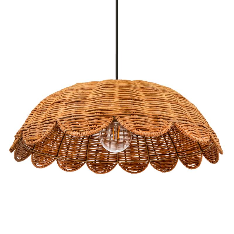 Hand-Woven Rattan Scalloped Pendant Lamp, Natural - 19.7"L x 19.7"W x 17.5"H