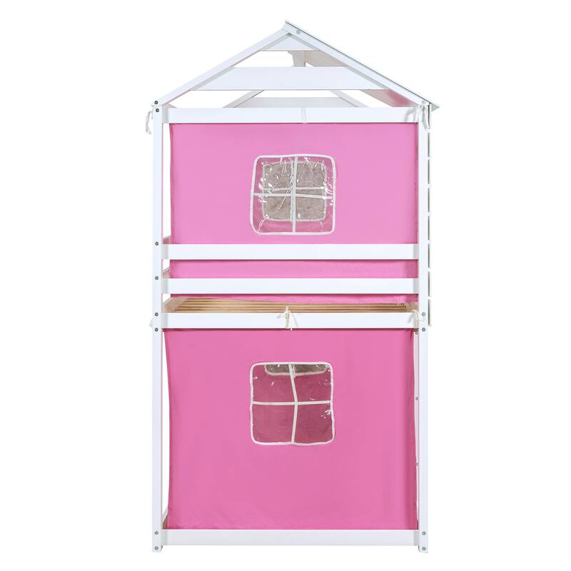Solid Wood House Bunk Bed with Tent, Ladder and Fence for Kids, Bedroom